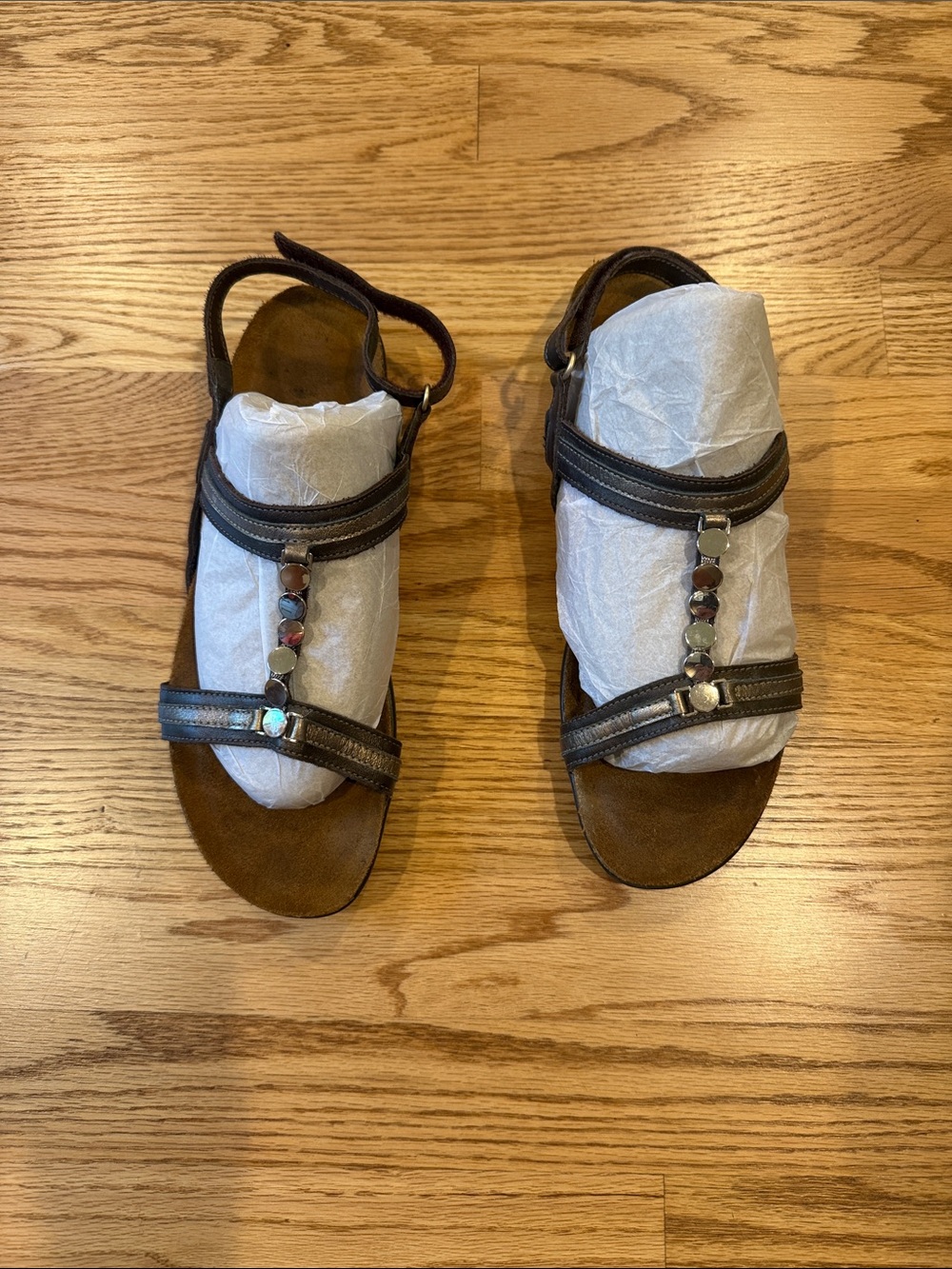 Naot Brown Leather T-Strap Sandals with Multi-Stone Detail